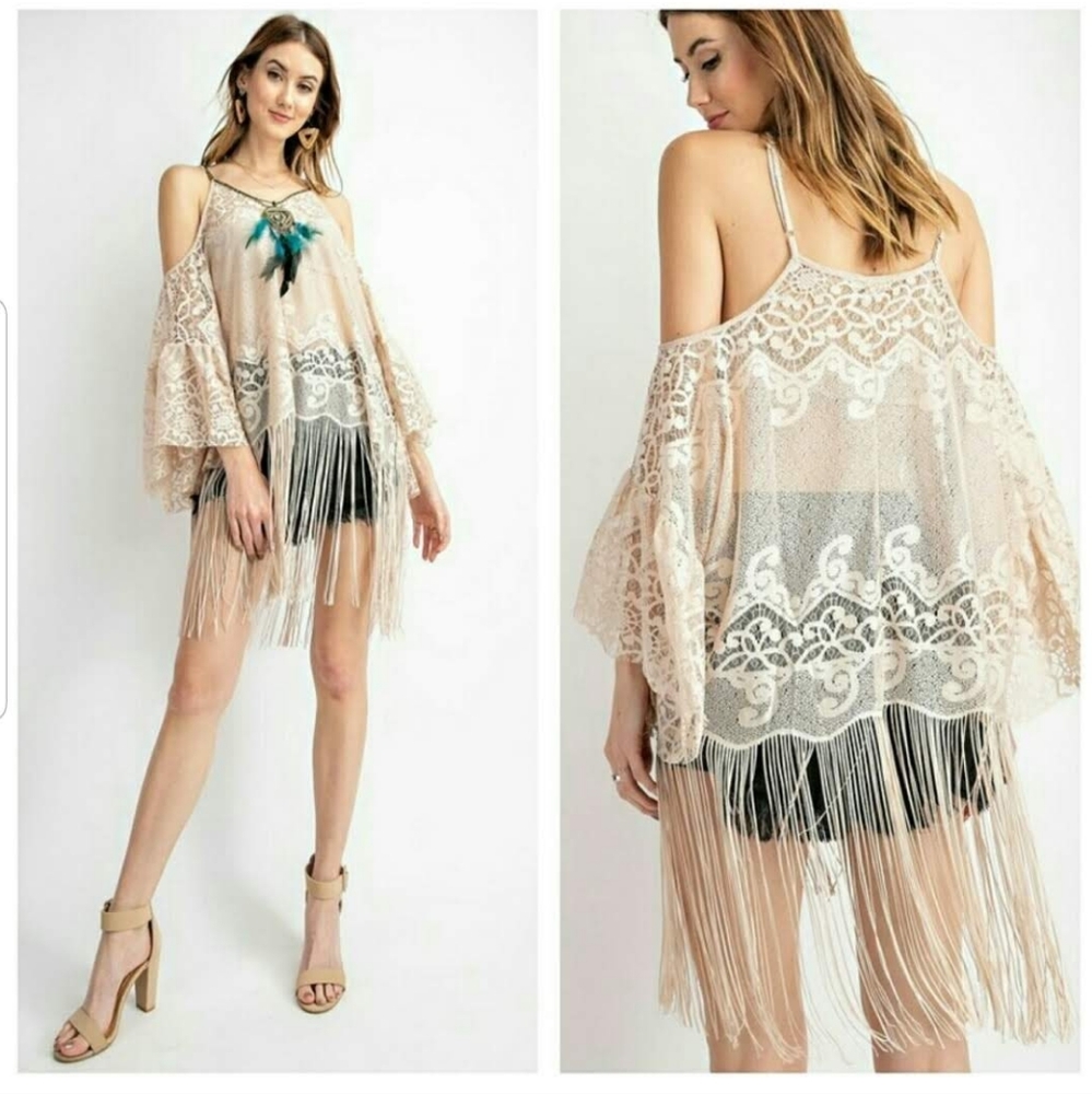 Lace Boho Tunic with Fringe & Feather Detail